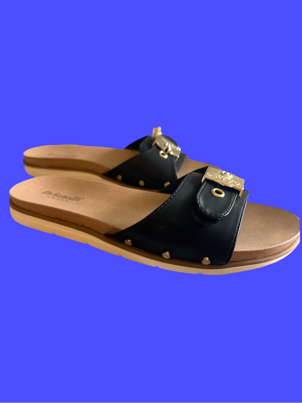 Dr. Scholl's Black Slide Sandals with Tan Footbed and Gold Accents